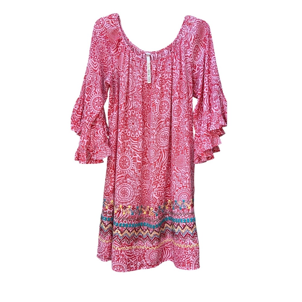 Uncle Frank /Ruffle Bell Sleeve/ Intricate Embroidery at hem Boho Shift Dress Lg